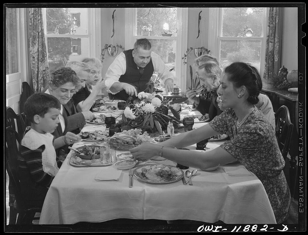 A Lancaster County, Pennsylvania, family celebrates Thanksgiving in 1942.