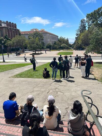 Andrew Hardy leading a walking tour around UC Berkeley's campus