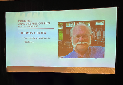 Slide of Professor Thomas Brady during the awarding of the Anne Lake Prescott Prize for Mentorship at the Sixteenth Century Society &amp; Conference on October 27, 2023